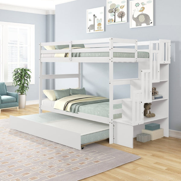 English Elm Twin Over Bunk Bed with Trundle Staircase Storage Steps White Pine Frame W697S00011