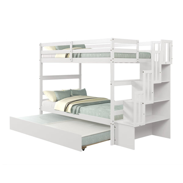 English Elm Twin Over Bunk Bed with Trundle Staircase Storage Steps White Pine Frame W697S00011