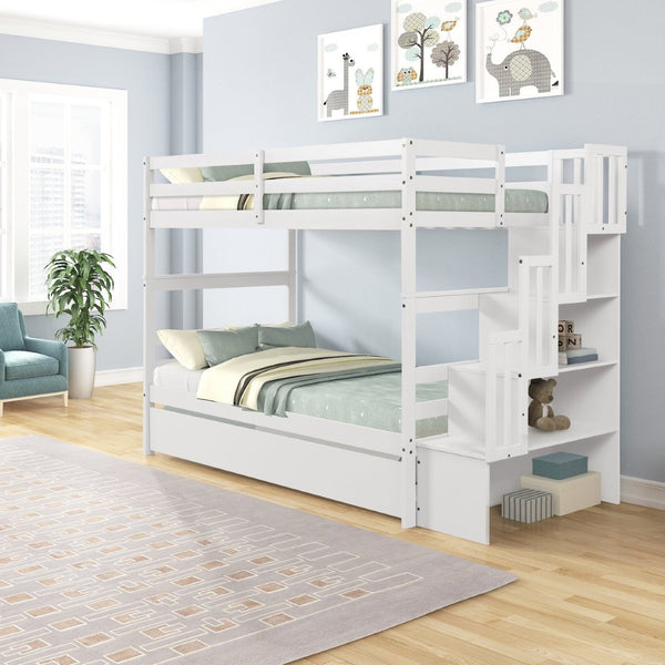 English Elm Twin Over Bunk Bed with Trundle Staircase Storage Steps White Pine Frame W697S00011