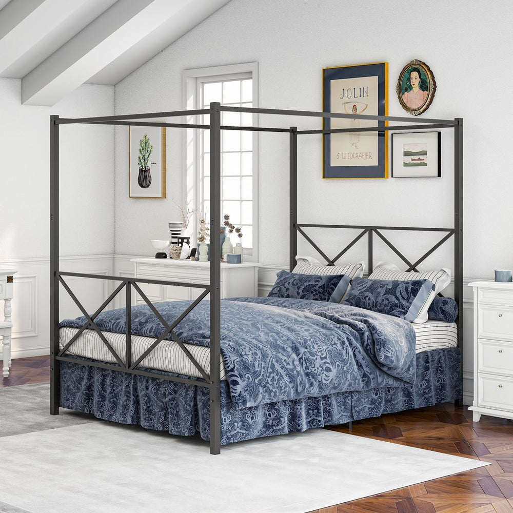 English Elm Metal Queen Platform Bed Frame Black - Reinforced X Design, 500lb Capacity, Noise-Free, 12.4" Storage Space W84034643
