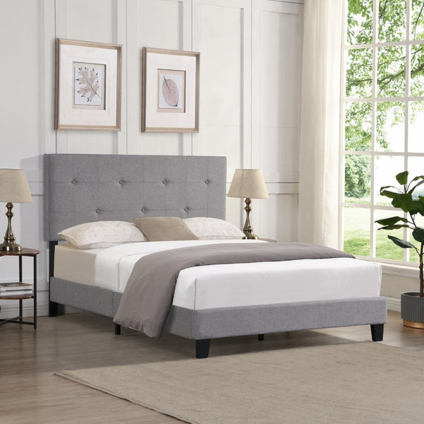 English Elm Full Size Linen Upholstered Platform Bed Tufted Headboard Wood Slat Support W31136121