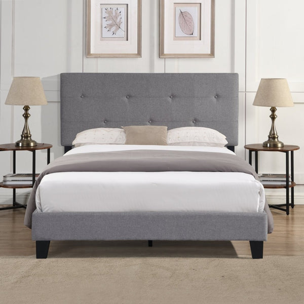 English Elm Full Size Linen Upholstered Platform Bed Tufted Headboard Wood Slat Support W31136121