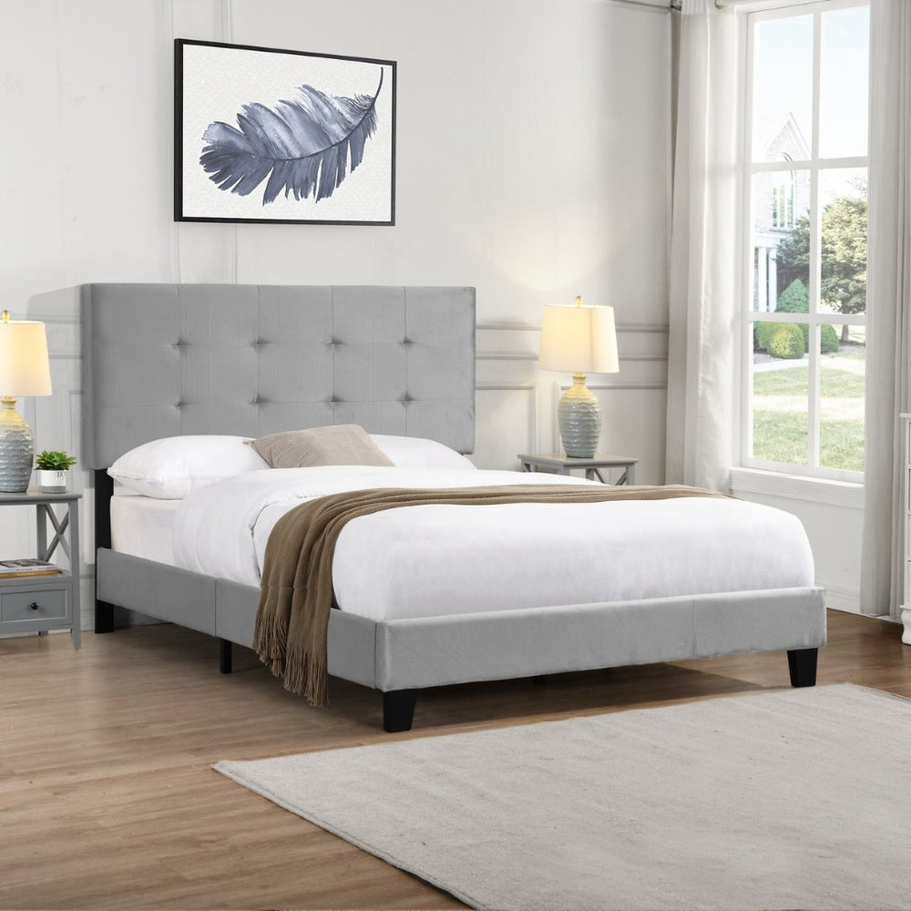 English Elm Full Size Gray Upholstered Platform Bed Tufted Headboard Strong Slat Base No Box Spring W31136118