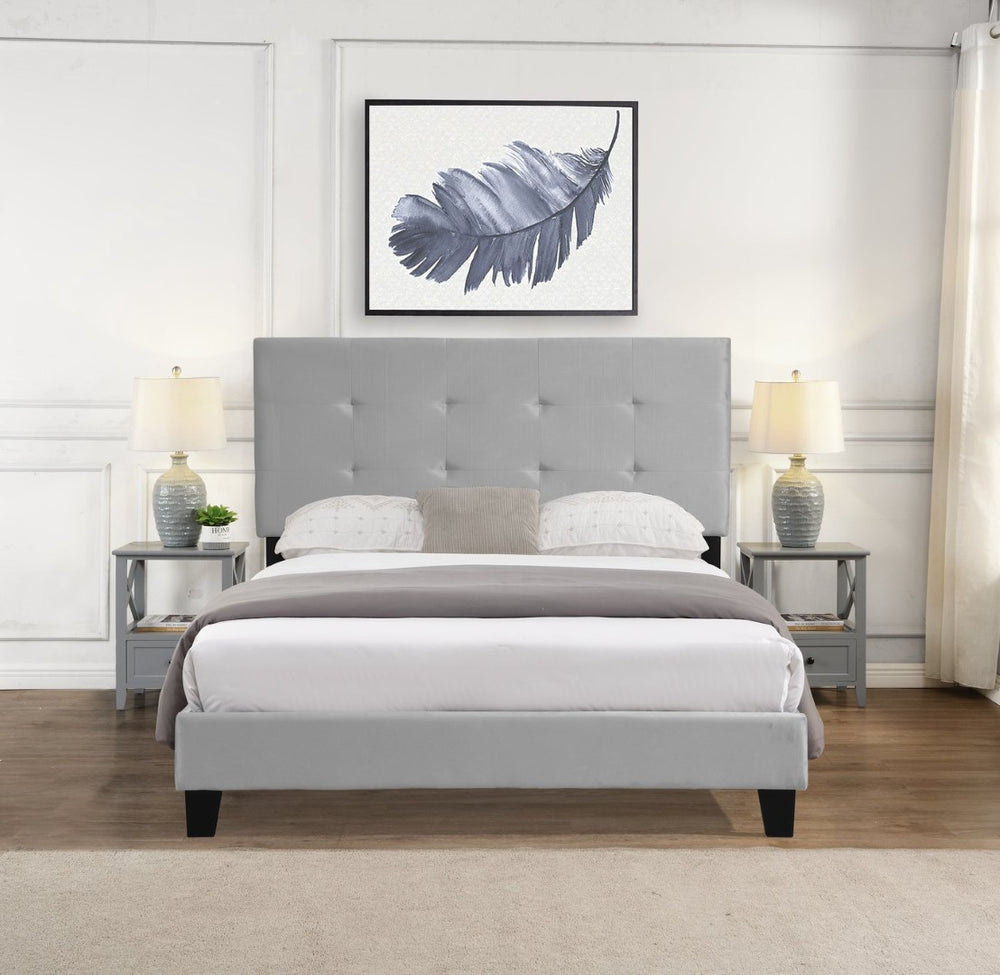 English Elm Full Size Gray Upholstered Platform Bed Tufted Headboard Strong Slat Base No Box Spring W31136118