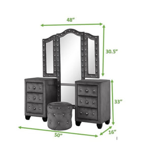 English Elm Modern Sophia Crystal Tufted Queen 4PC Vanity Set Gray Velvet Upholstered Bed with Glam Storage 733569234608