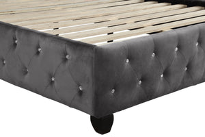 English Elm Modern Sophia Crystal Tufted Queen 4PC Vanity Set Gray Velvet Upholstered Bed with Glam Storage 733569234608