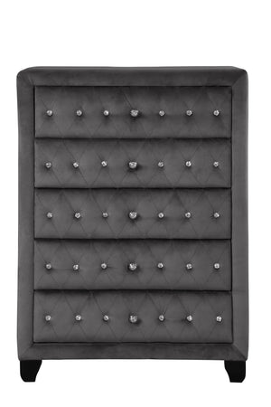 English Elm Sophia Velvet Tufted 5-Drawer Chest Gray — Hollywood Regency Glam, Durable Upholstered Wood Storage 733569252343