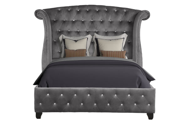 English Elm Modern Sophia Crystal Tufted Queen 4PC Vanity Set Gray Velvet Upholstered Bed with Glam Storage 733569234608
