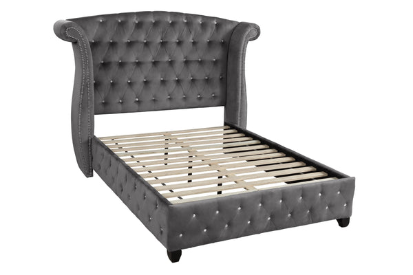 English Elm Modern Crystal Tufted Queen 4-Piece Velvet Bedroom Set With Nightstand, Dresser & Mirror In Gray 733569215065
