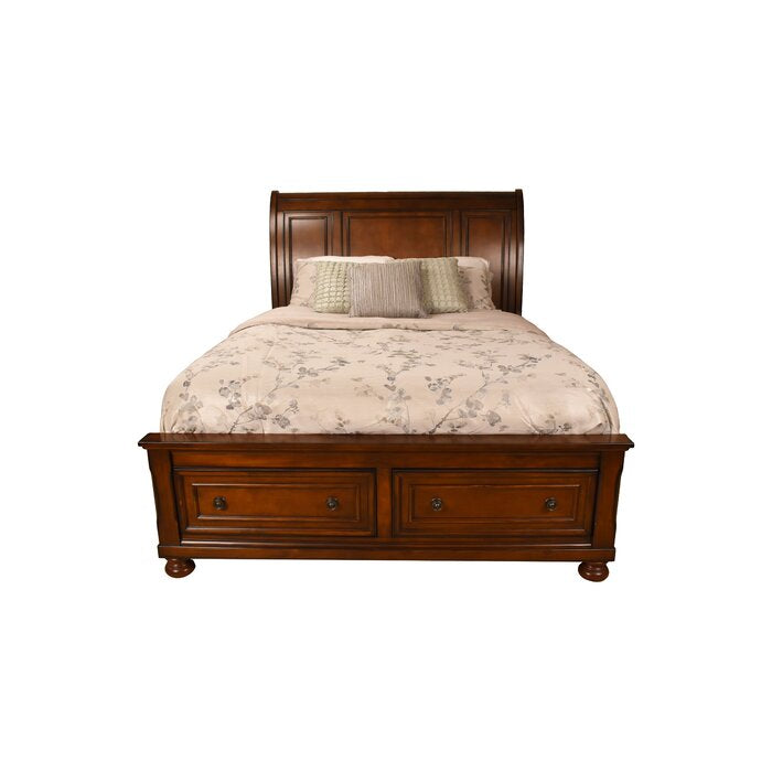 English Elm King Dark Walnut Storage Platform Bed with Sleigh Headboard, Slatted Base, Cedar-Lined Drawers 808857551764