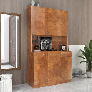 English Elm 70.87" Wardrobe Kitchen Cabinet with 6 Doors, 1 Drawer & Open Shelf — Durable Melamine MDF Storage Solution Walnut W331S00060