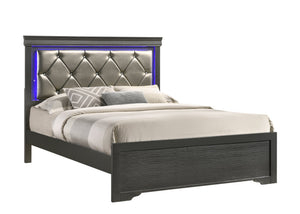English Elm Modern Brooklyn Full Size LED Bed with Tufted Upholstered Headboard, Gray Wood Frame, Luxe Comfort 733569326921
