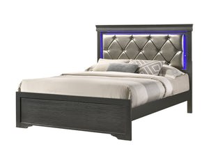 English Elm Modern Brooklyn Full Size LED Bed with Tufted Upholstered Headboard, Gray Wood Frame, Luxe Comfort 733569326921