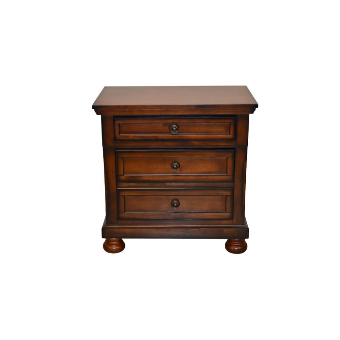 English Elm Wood 3-Drawer Nightstand Dark Walnut Finish — Transitional Bedroom Nightstand with Hidden Jewelry Drawer, Spacious Storage, Sleek Design 808857819697