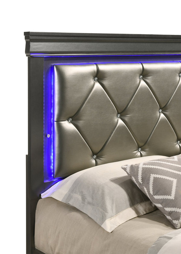 English Elm Modern Brooklyn Full Size LED Bed with Tufted Upholstered Headboard, Gray Wood Frame, Luxe Comfort 733569326921