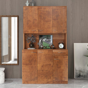 English Elm 70.87" Wardrobe Kitchen Cabinet with 6 Doors, 1 Drawer & Open Shelf — Durable Melamine MDF Storage Solution Walnut W331S00060