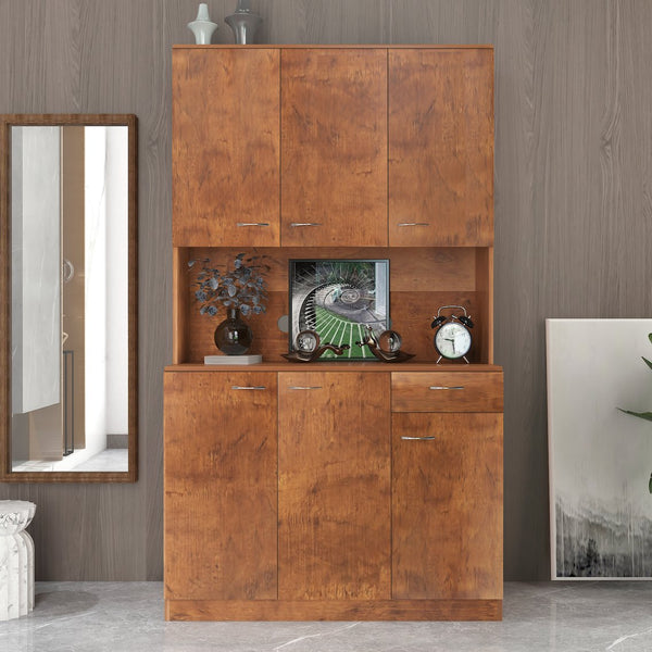 English Elm 70.87" Wardrobe Kitchen Cabinet with 6 Doors, 1 Drawer & Open Shelf — Durable Melamine MDF Storage Solution Walnut W331S00060