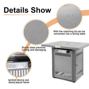 English Elm 28" 50000 BTU Outdoor Propane Fire Pit Table Square Brown Textured Patio Fireplace with Lid & Lava Rock Silver HYMY-CDF-WMGB28-COL