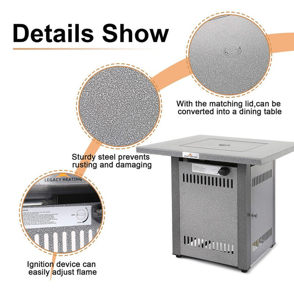 English Elm 28" 50000 BTU Outdoor Propane Fire Pit Table Square Brown Textured Patio Fireplace with Lid & Lava Rock Silver HYMY-CDF-WMGB28-COL