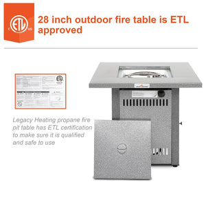 English Elm 28" 50000 BTU Outdoor Propane Fire Pit Table Square Brown Textured Patio Fireplace with Lid & Lava Rock Silver HYMY-CDF-WMGB28-COL