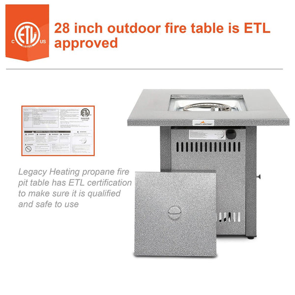 English Elm 28" 50000 BTU Outdoor Propane Fire Pit Table Square Brown Textured Patio Fireplace with Lid & Lava Rock Silver HYMY-CDF-WMGB28-COL