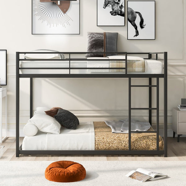English Elm Full Over Low Profile Steel Bunk Bed with Guardrail and Integrated Ladder Black MF285536AAB