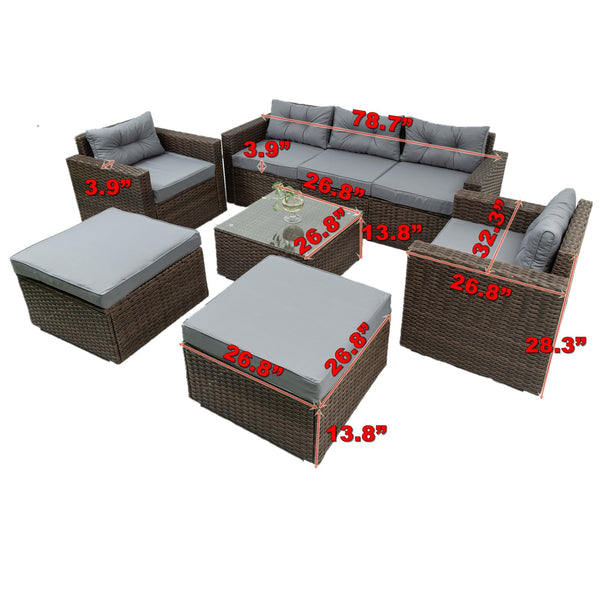 English Elm 6 Piece Patio Wicker Sectional Set with Space-Saving Nesting Design, Steel Frame, Tempered Glass Table and Weatherproof Cushions Brown W329S00061