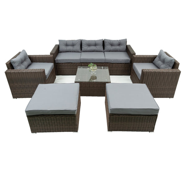 English Elm 6 Piece Patio Wicker Sectional Set with Space-Saving Nesting Design, Steel Frame, Tempered Glass Table and Weatherproof Cushions Brown W329S00061