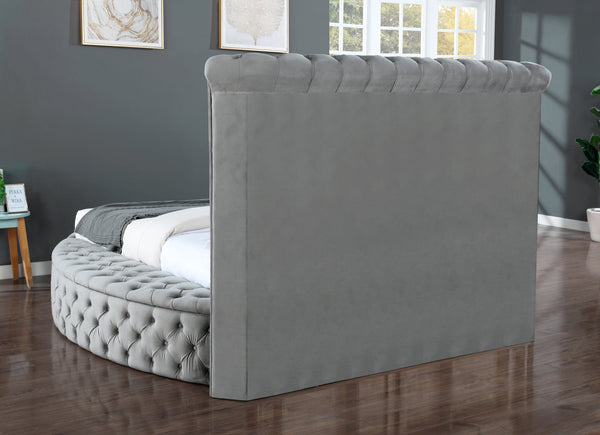 English Elm Queen Hazel 5PC Vanity Bedroom Set Tufted Velvet Gray, Solid Wood, Hidden Footboard Storage, USB Speakers 659436069657