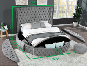 English Elm Queen Hazel 5PC Vanity Bedroom Set Tufted Velvet Gray, Solid Wood, Hidden Footboard Storage, USB Speakers 659436069657