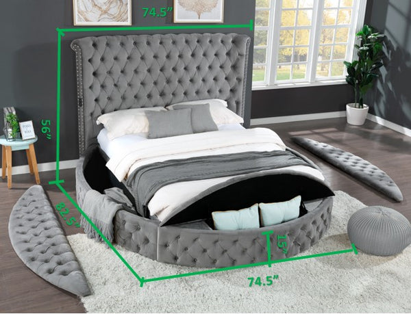 English Elm Queen Hazel 5PC Vanity Bedroom Set Tufted Velvet Gray, Solid Wood, Hidden Footboard Storage, USB Speakers 659436069657