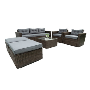 English Elm 6 Piece Patio Wicker Sectional Set with Space-Saving Nesting Design, Steel Frame, Tempered Glass Table and Weatherproof Cushions Brown W329S00061