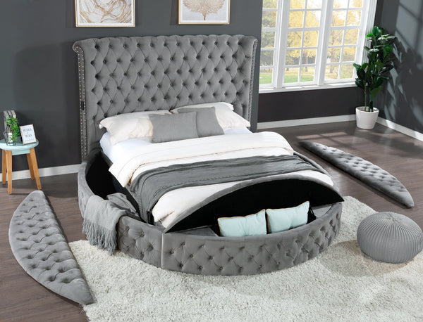 English Elm Queen Hazel 5PC Vanity Bedroom Set Tufted Velvet Gray, Solid Wood, Hidden Footboard Storage, USB Speakers 659436069657