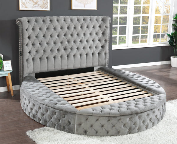 English Elm HAZEL Queen 4PC Tufted Velvet Bedroom Set with Storage, Speakers & USB Ports in Gray — Luxe Glam 808857645593