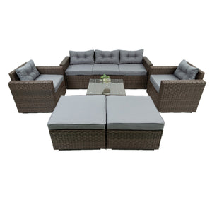 English Elm 6 Piece Patio Wicker Sectional Set with Space-Saving Nesting Design, Steel Frame, Tempered Glass Table and Weatherproof Cushions Brown W329S00061