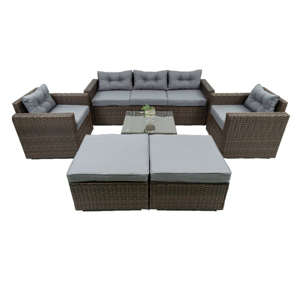 English Elm 6 Piece Patio Wicker Sectional Set with Space-Saving Nesting Design, Steel Frame, Tempered Glass Table and Weatherproof Cushions Brown W329S00061