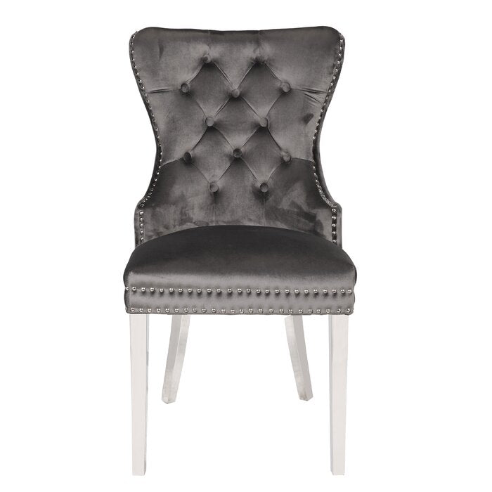 English Elm Erica Velvet Tufted Dining Chairs 2PC Dark Gray with Stainless Steel Legs, Plush Stitched Back Elegance 808857803009