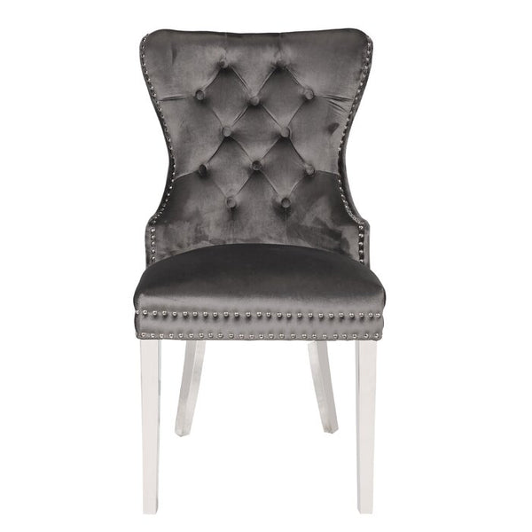 English Elm Erica Velvet Tufted Dining Chairs 2PC Dark Gray with Stainless Steel Legs, Plush Stitched Back Elegance 808857803009