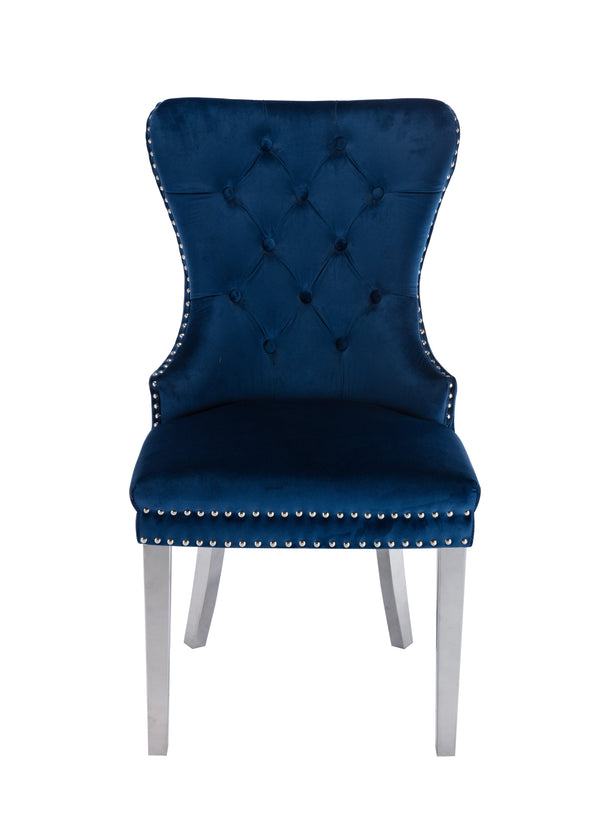 English Elm Simba Velvet Upholstered Dining Chair Set of 2 — Tufted Quilted Blue Fabric, Lion Ring Accent, Nailhead Trim 808857819758