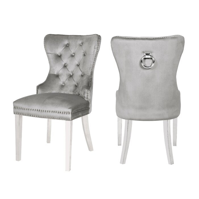 English Elm Erica Light Gray 2PC Tufted Velvet Dining Chairs with Stainless Steel Legs, Plush Stitched Back Design 808857825940