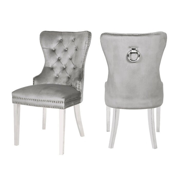 English Elm Erica Light Gray 2PC Tufted Velvet Dining Chairs with Stainless Steel Legs, Plush Stitched Back Design 808857825940