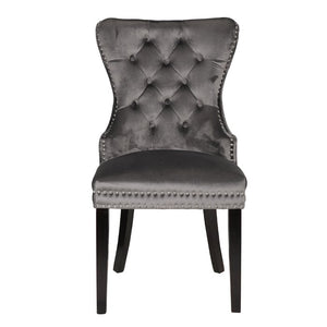 English Elm Erica Velvet Tufted Dining Chairs 2PC Dark Gray Cushioned Seats Wood Legs Farmhouse Elegance 808857749369