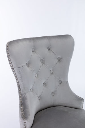 English Elm Simba Tufted Velvet Dining Chair Set (2) Light Gray with Quilted Back, Nailhead Trim & Lion Ring 808857961150