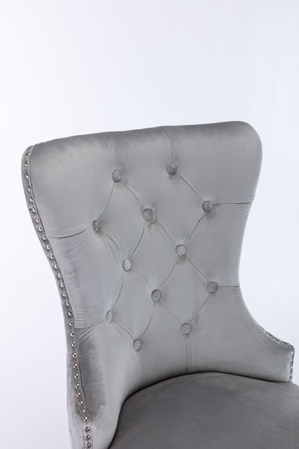 English Elm Simba Tufted Velvet Dining Chair Set (2) Light Gray with Quilted Back, Nailhead Trim & Lion Ring 808857961150