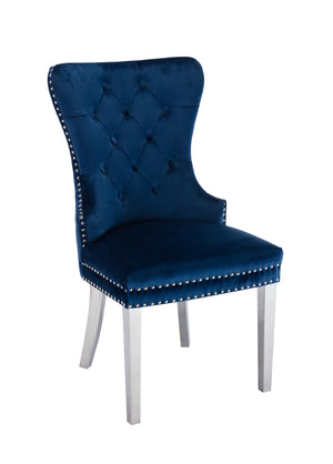 English Elm Simba Velvet Upholstered Dining Chair Set of 2 — Tufted Quilted Blue Fabric, Lion Ring Accent, Nailhead Trim 808857819758