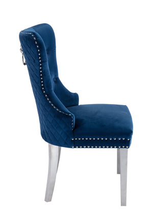 English Elm Simba Velvet Upholstered Dining Chair Set of 2 — Tufted Quilted Blue Fabric, Lion Ring Accent, Nailhead Trim 808857819758