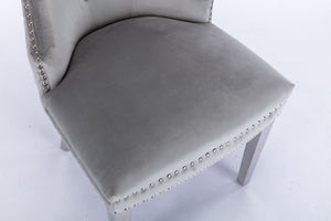 English Elm Simba Tufted Velvet Dining Chair Set (2) Light Gray with Quilted Back, Nailhead Trim & Lion Ring 808857961150