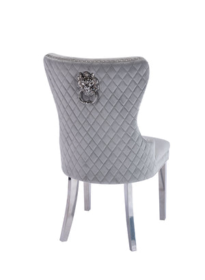 English Elm Simba Tufted Velvet Dining Chair Set (2) Light Gray with Quilted Back, Nailhead Trim & Lion Ring 808857961150