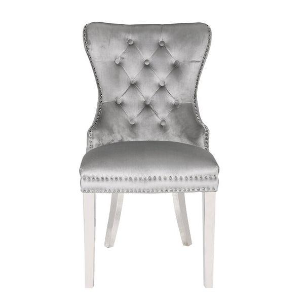 English Elm Erica Light Gray 2PC Tufted Velvet Dining Chairs with Stainless Steel Legs, Plush Stitched Back Design 808857825940