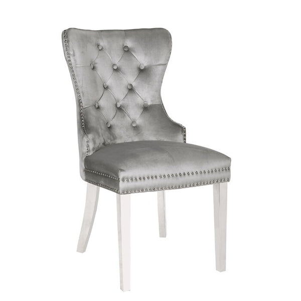 English Elm Erica Light Gray 2PC Tufted Velvet Dining Chairs with Stainless Steel Legs, Plush Stitched Back Design 808857825940